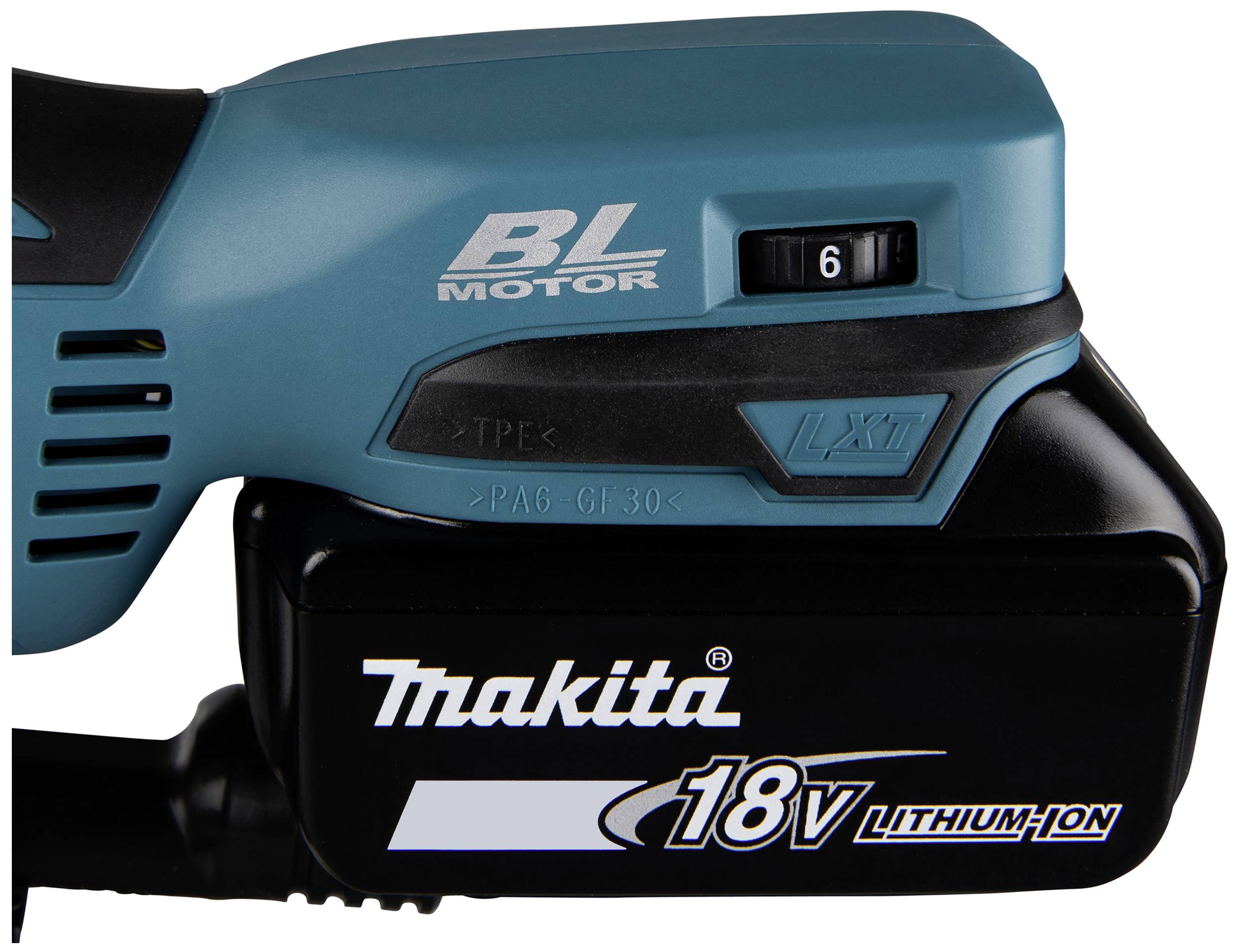 Batteridriven skruvdragare med Makita 18V litiumjonbatteri och BL-motor, blå och svart färgkombination, visar hastighetskontroll.