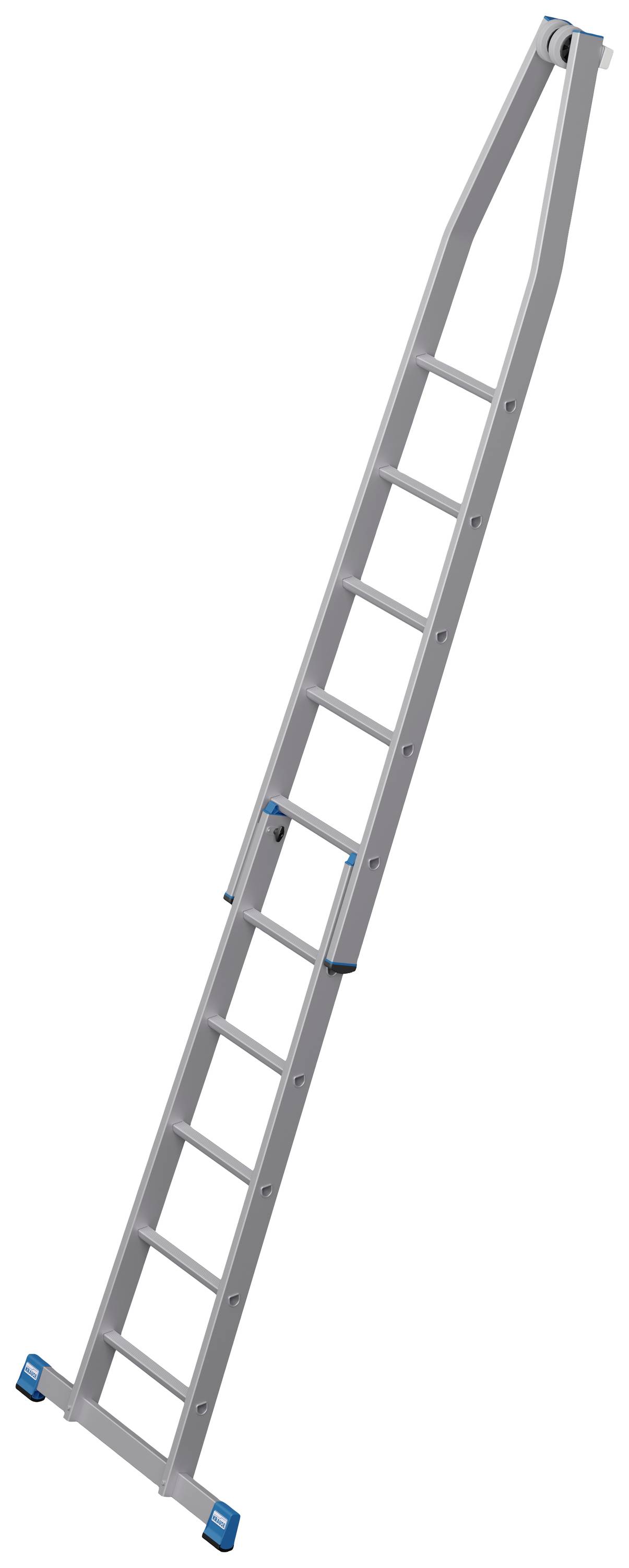 Grå vikbar stege med tio pinnar, uppfälld för användning.