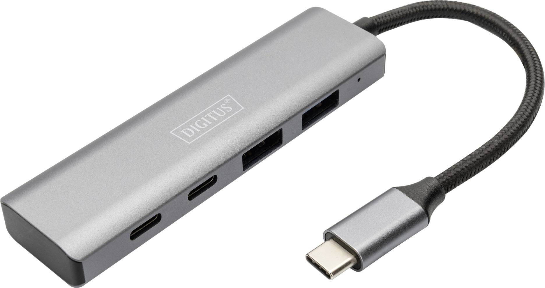 USB-C-hubb med fyra portar: två USB-portar och två USB-C-portar, med en kort kabel. Hölje i grått metalliskt utförande.
