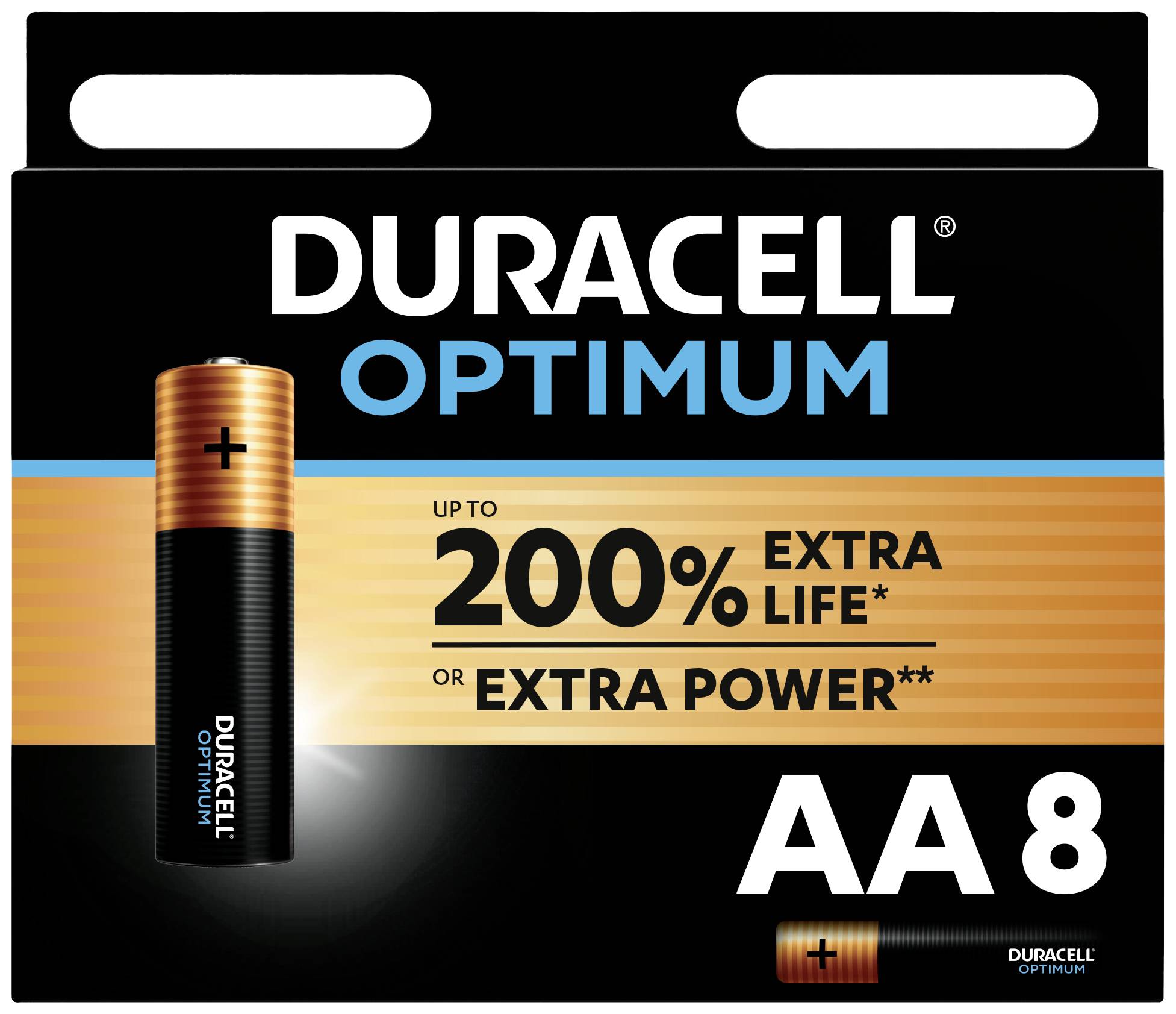 Duracell Optimum Batterier, AA 8-pack, marknadsförs med upp till 200% längre livslängd eller extra prestanda.