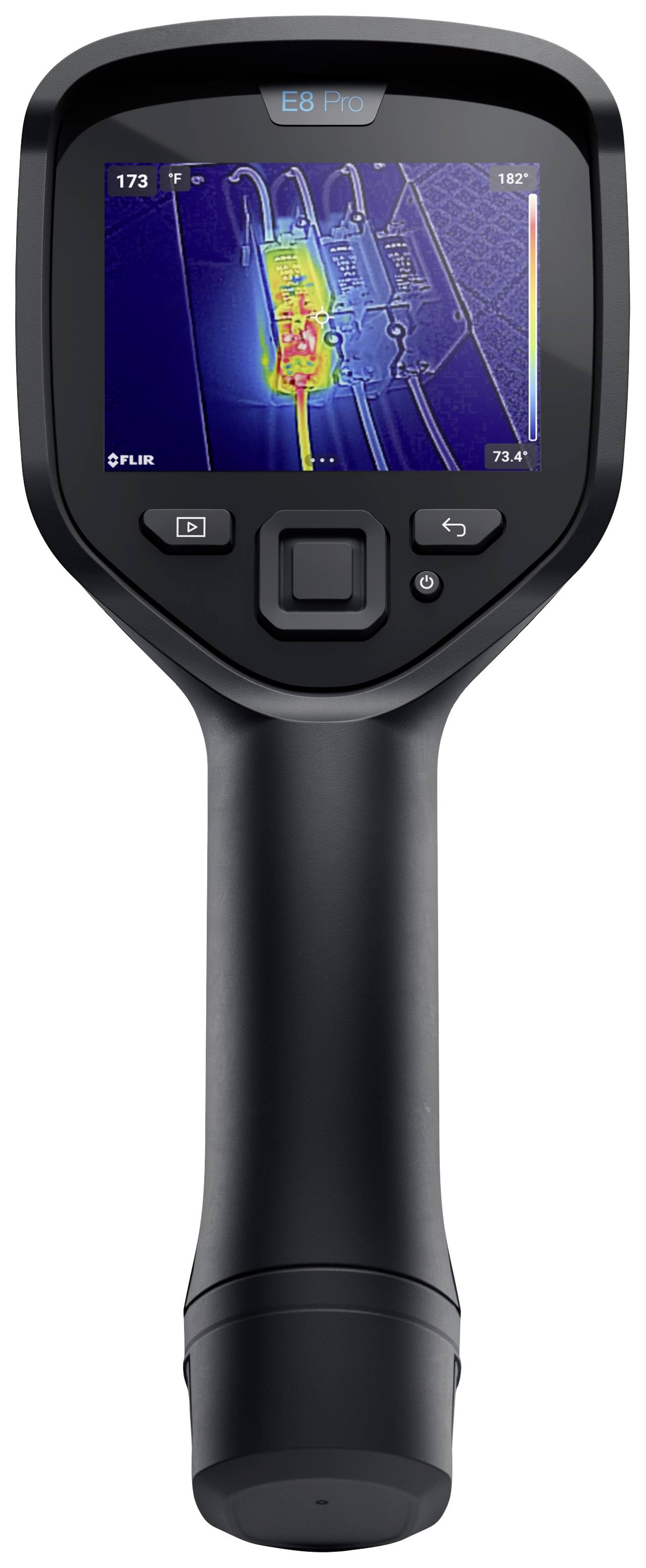 Värmekamera med visning av ett värmebild på skärmen. Huvudmotivet är en färgad representation som visar temperaturskillnader.