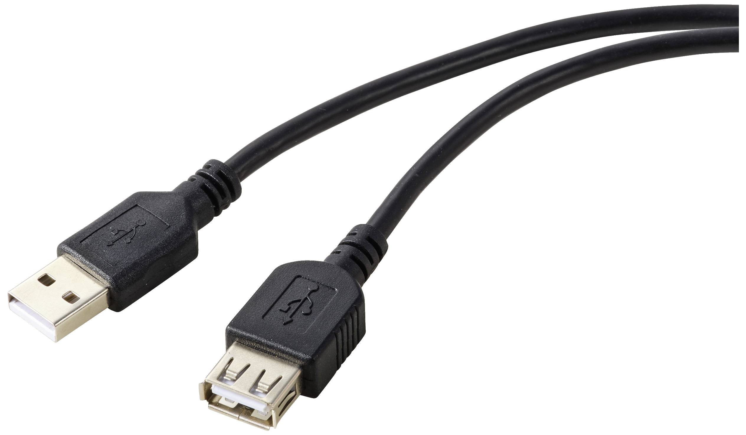 USB-förlängningskabel med en USB-A-kontakt och en USB-A-port, svart, för att ansluta eller förlänga enheter.