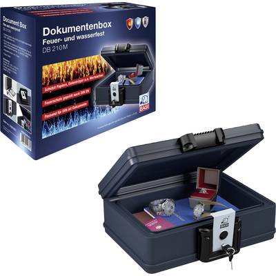 Brandsäker och vattentät dokumentbox, modell DB 210M. Skydd mot brand och vatten, med lås. Visas med dokument och nyckel.