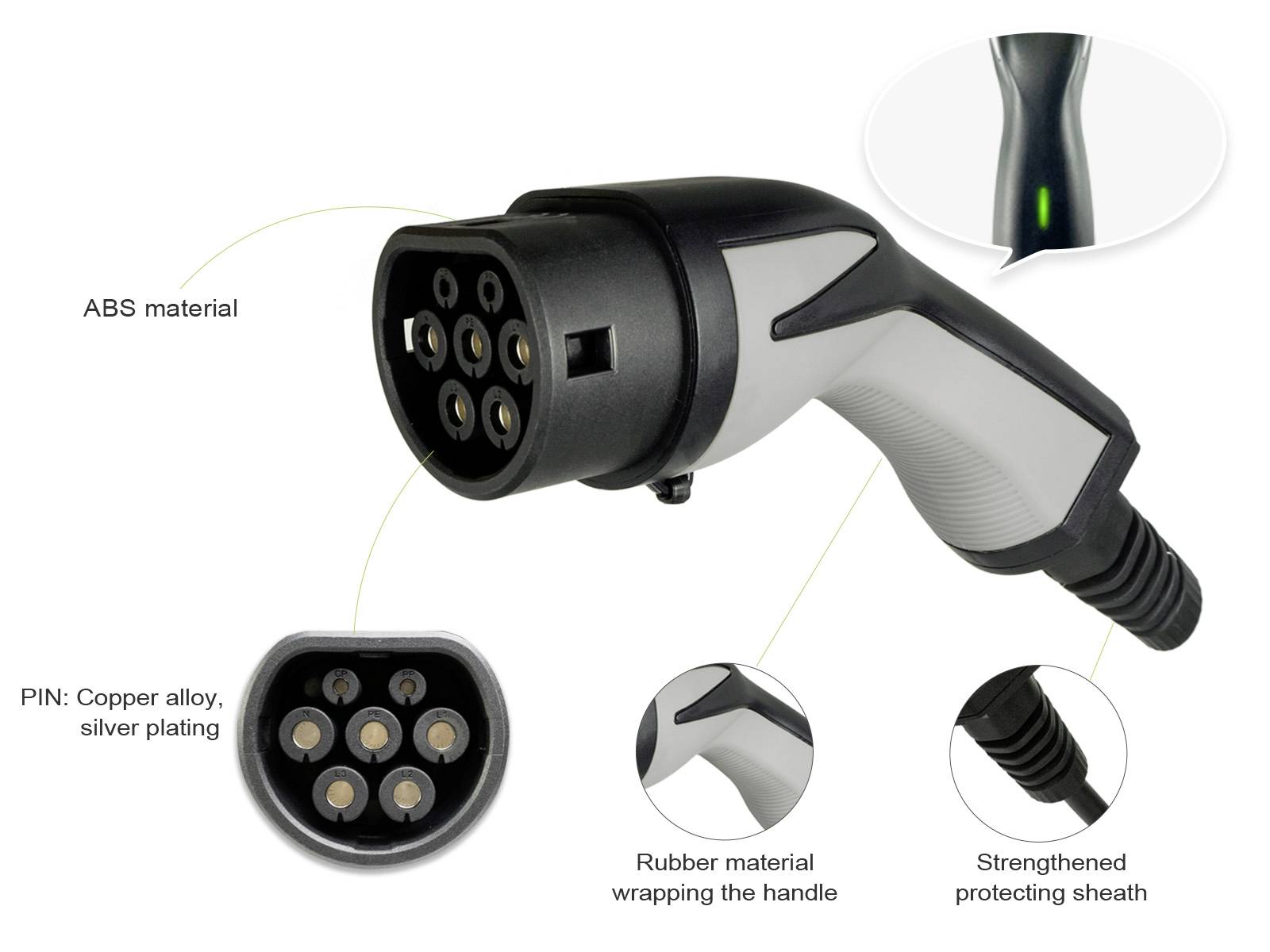 Laddkontakt med ABS-hölje, kontakter av kopparlegering, gummerat handtag och förstärkt skyddshölje. Lämplig för elfordon.