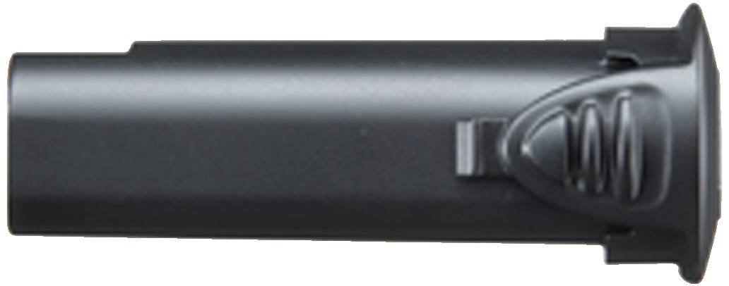 Svart batterihölje med sidfjäder, cylinderformad. Saknar inskriptioner eller märkningar.