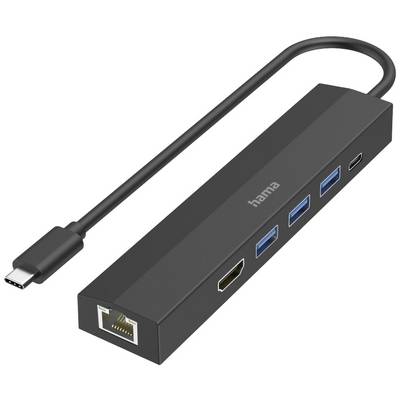 Svart USB-C-hubb med flera anslutningar, inklusive HDMI, Ethernet, två USB-A-portar och en USB-C-port.