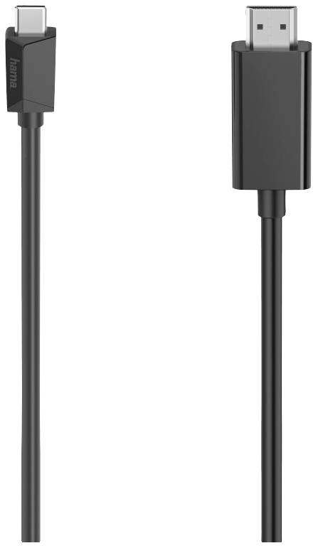 Ett svart USB-C till DisplayPort-kabel från Hama, lämplig för att ansluta en bärbar dator till en skärm för högupplösta videosändningar.