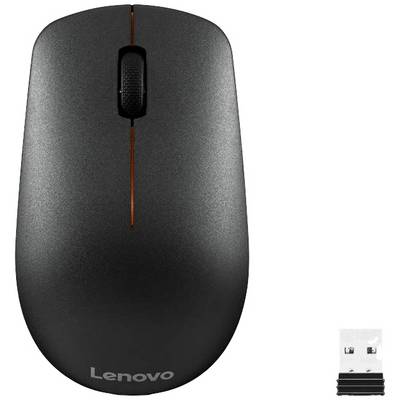 Trådlös Lenovo-mus med USB-mottagare bredvid.