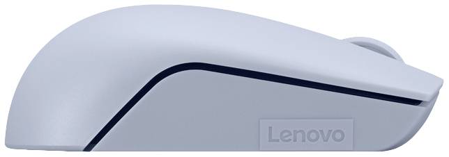 En vy uppifrån av en grå, trådlös mus från Lenovo. Den har en minimalistisk design med mjuka linjer och en matt yta.