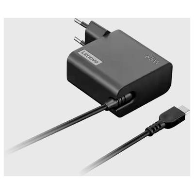 Svart laddare med EU-kontakt och USB-C-kabel. Enheten är märkt med '65W' och 'Lenovo'.