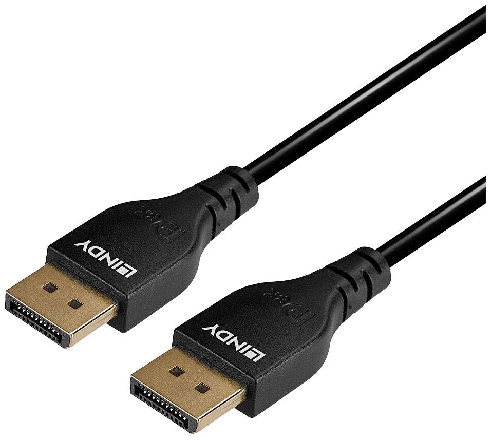 Två svarta DisplayPort-kablar med 'LINDY'-logotyp på varje kontakt. Används för överföring av video- och audiosignaler.