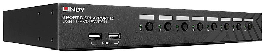 En 8-ports DisplayPort USB KVM-switch med svart hölje, flera siffernycklar och två USB-portar på framsidan.
