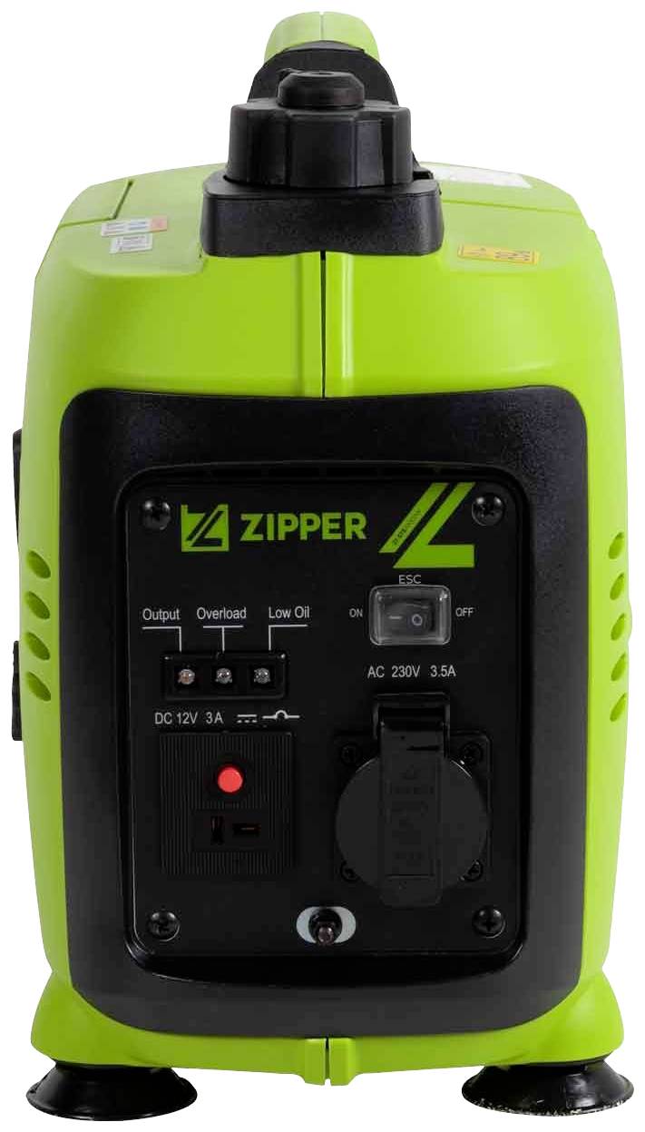 Bärbar grön generator av märket 'Zipper', framsidan visar manöverpanel med anslutningar och reglage, lämplig för utomhusbruk.