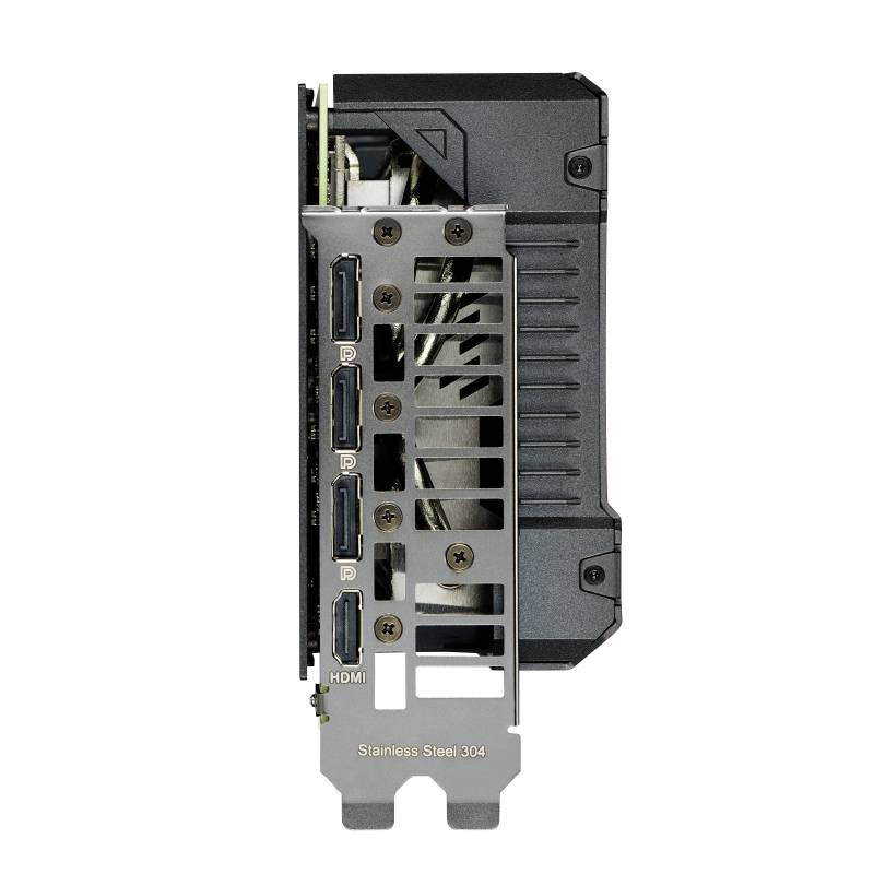 Grafikkort med flera portar: tre DisplayPorts, en HDMI. Vertikal vy visar kylflänsar och hölje i rostfritt stål.