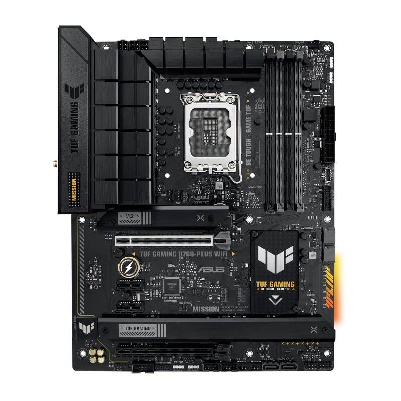 Ett ASUS TUF Gaming D760-Plus WiFi-moderkort med CPU-sockel, RAM-platser och avancerade kylkroppar, lämpligt för speldatorer.