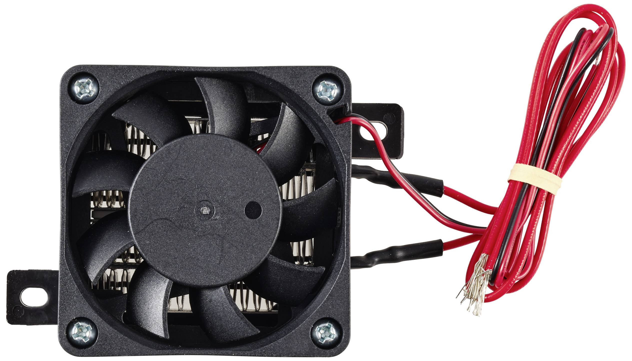 En liten, svart fläkt med rött kabel, monterad på en metallkant. Fläkten har fem rotorblad och används för kylning.