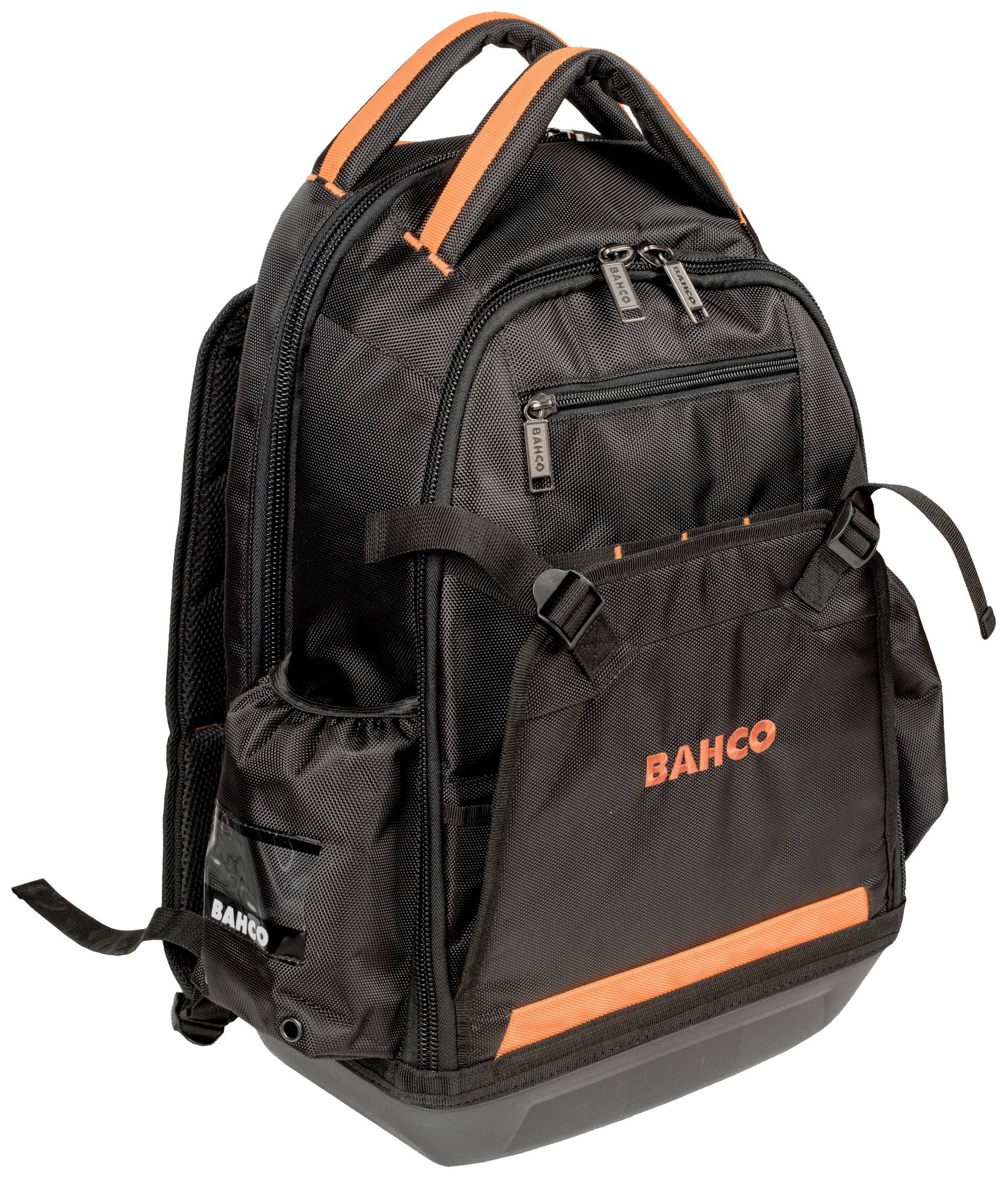 Svart ryggsäck med orangea detaljer och flera fack. Text 'BAHCO' på framsidan. Lämplig för förvaring av verktyg.