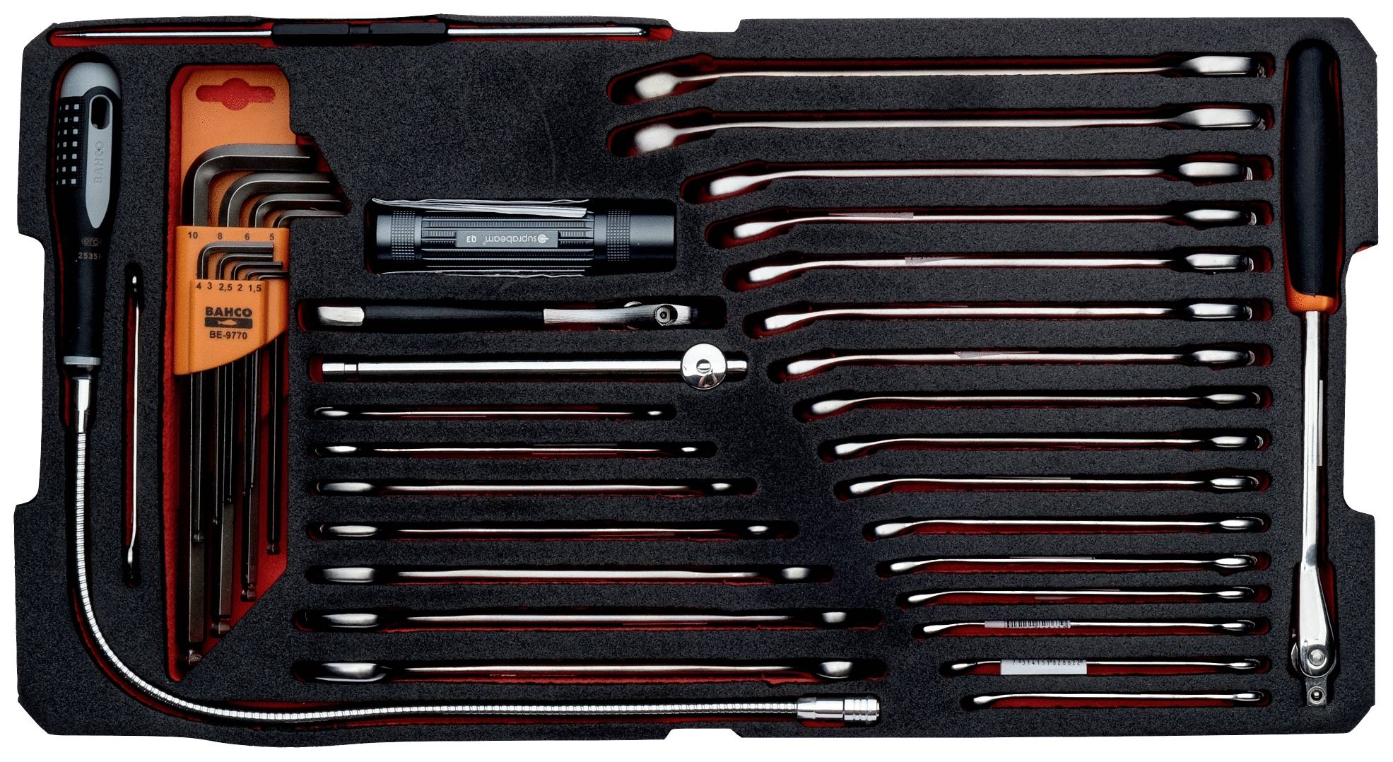 En verktygssats med olika skiftnycklar, insexnycklar, en ficklampa och spärrnycklar i en organiserad hållare.