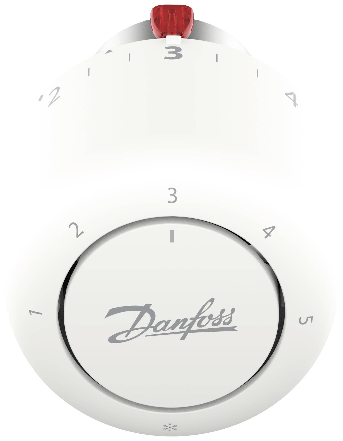 En vit termostat med en vridreglage från 1 till 5, under vilket Danfoss-logotypen finns.