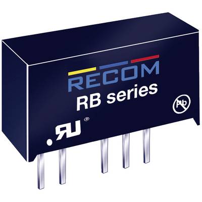 En svart elektronisk komponent från märket 'RECOM', RB-serien. Rektangulär form med fyra silverfärgade anslutningar nedtill.
