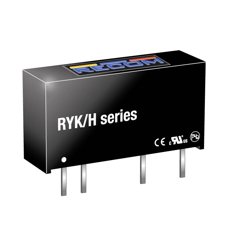 Svart elektronisk komponent märkt med 'RYK/H-serien'. Tre kontakter syns längs komponentens nedre kant.