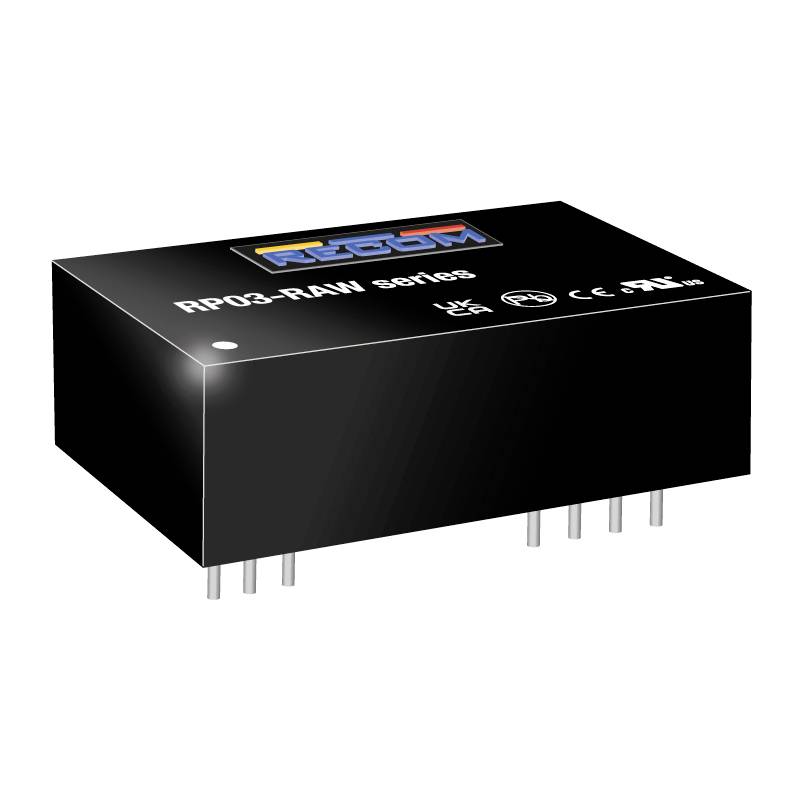 Svart elektronisk komponent med påskriften 'RPO3-RAW series', flera anslutningsstift och logotyper som representerar certifieringar.