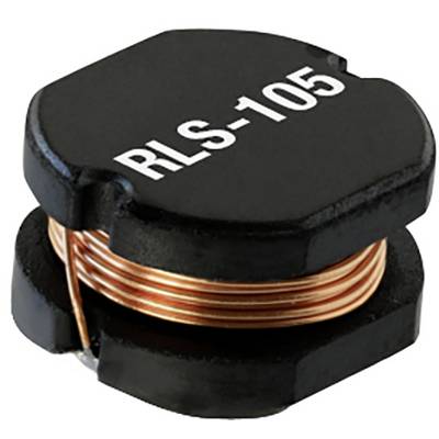 Svart drossel märkt 'RLS-105', kopparfärgad tråd synlig, använd i elektroniska kretsar för att minska strömfluktuationer.