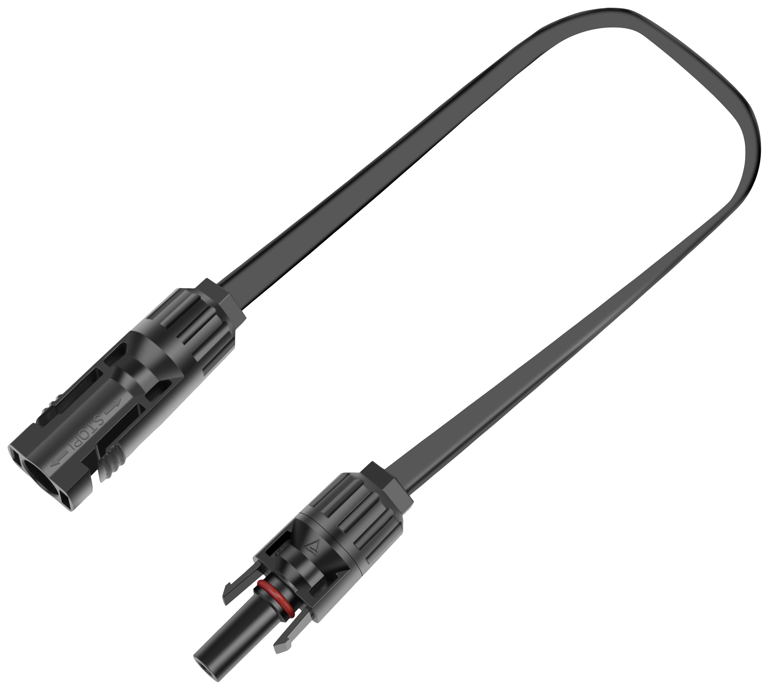Bilden visar en elektrisk kabel med två kontakter i ändarna. Denna kabel skulle kunna användas för solpanelsystem eller liknande tillämpningar.