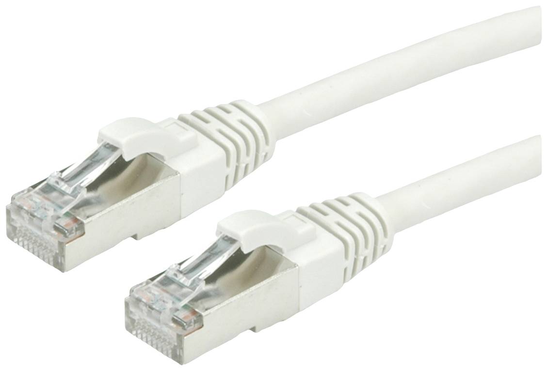 Två vita Ethernet-kablar med RJ-45-kontakter som används för nätverksanslutning.