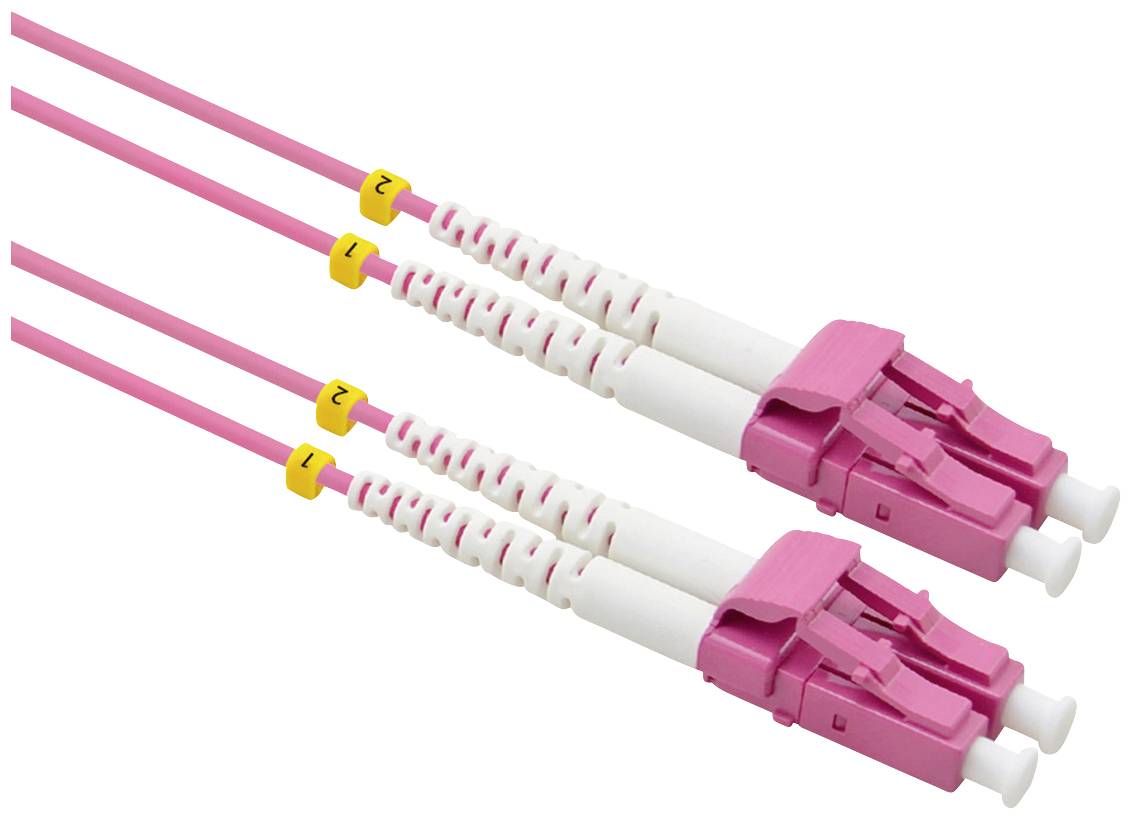 Två rosa fiberoptiska kablar med gula markeringar och vita kontakter. Lämpliga för höghastighetsdataöverföring.