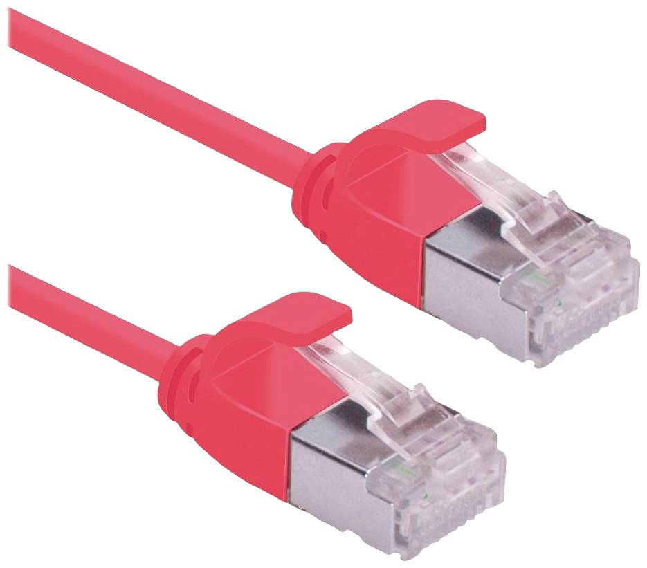 Två röda Ethernet-kablar med transparenta kontakter ligger parallellt bredvid varandra.