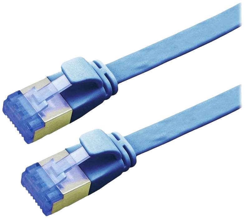 Två blå Ethernet-kablar med RJ45-kontakter i närbild, som används för nätverksanslutningar.