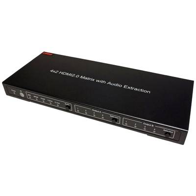 En svart enhet med texten '4x2 HDMI2.0 Matrix with Audio Extraction', två utgångsområden och olika kontroller.