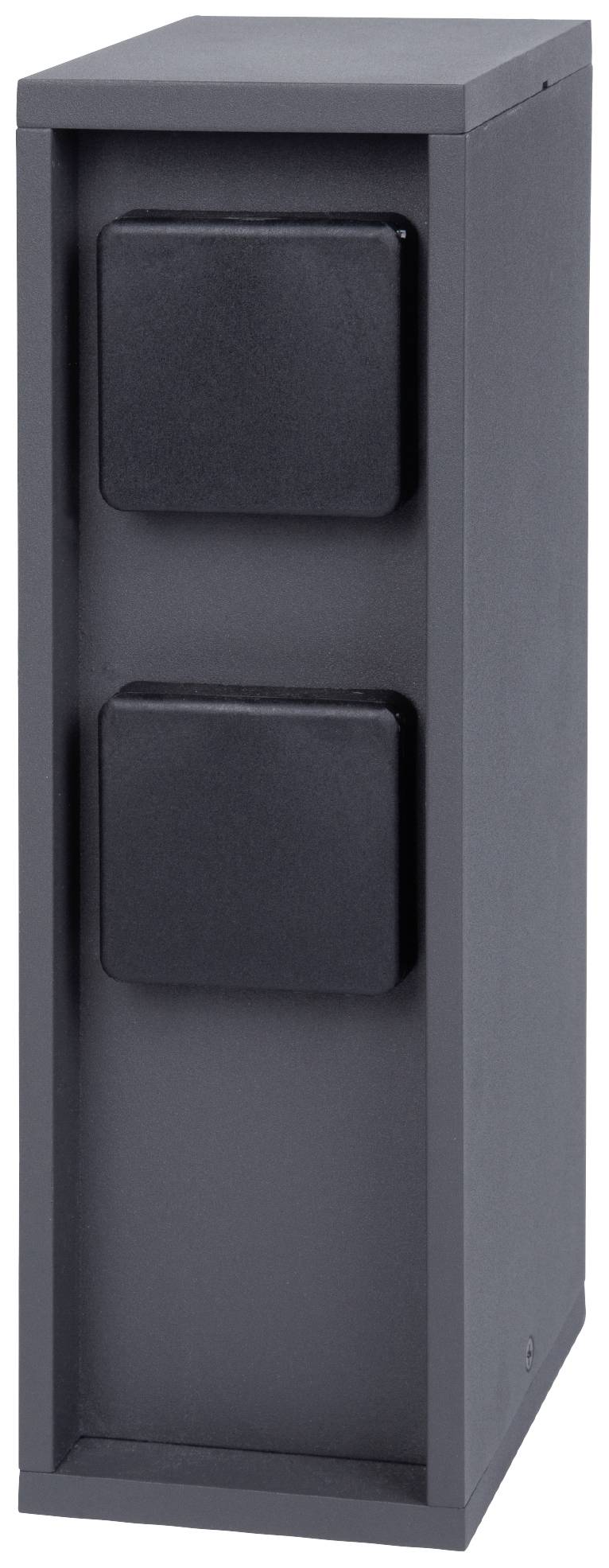 En grå, rektangulär elinstallationslåda med två kvadratiska svarta lock fram. Lämplig för utomhusinstallation.