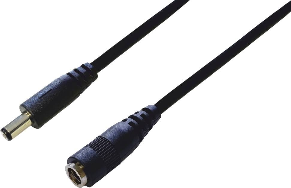En svart audiokabel med en hane- och honkontakt, lämplig för anslutning av högtalare eller enheter.