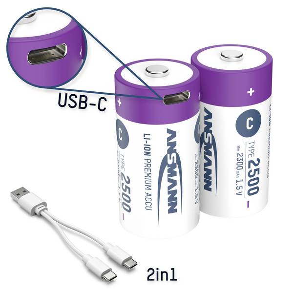 Laddbart batteri R14 (C) Ansmann LR15 USB-C Li-Ion 1.5 V 2500 mAh 2 st