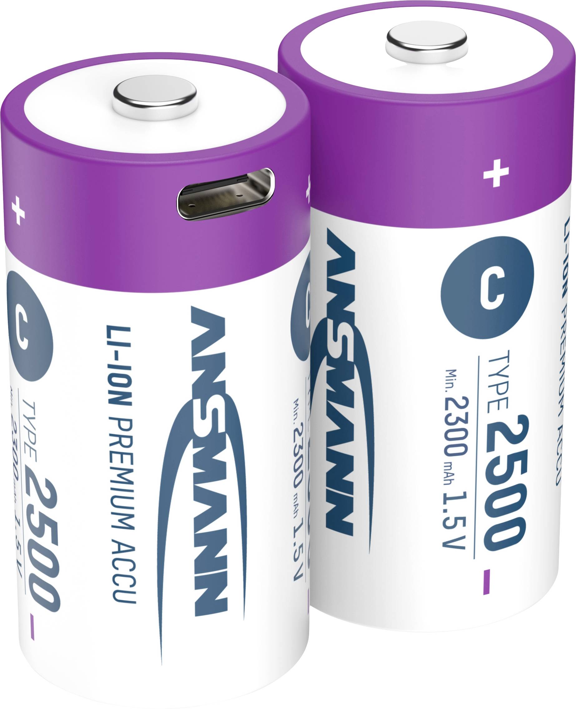 Två lila-vita C-typ batterier märkta 'ANSMANN', 2500 mAh och 1,5 V.