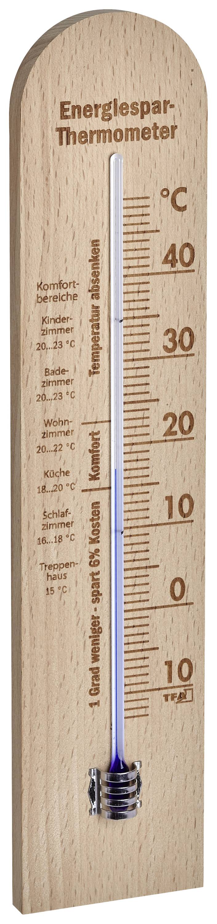 Trätermostat i trä med markeringar från 0 till 40 grader Celsius. Intervallet från 16 till 18 grader är markerat som 'energispartemperatur'.