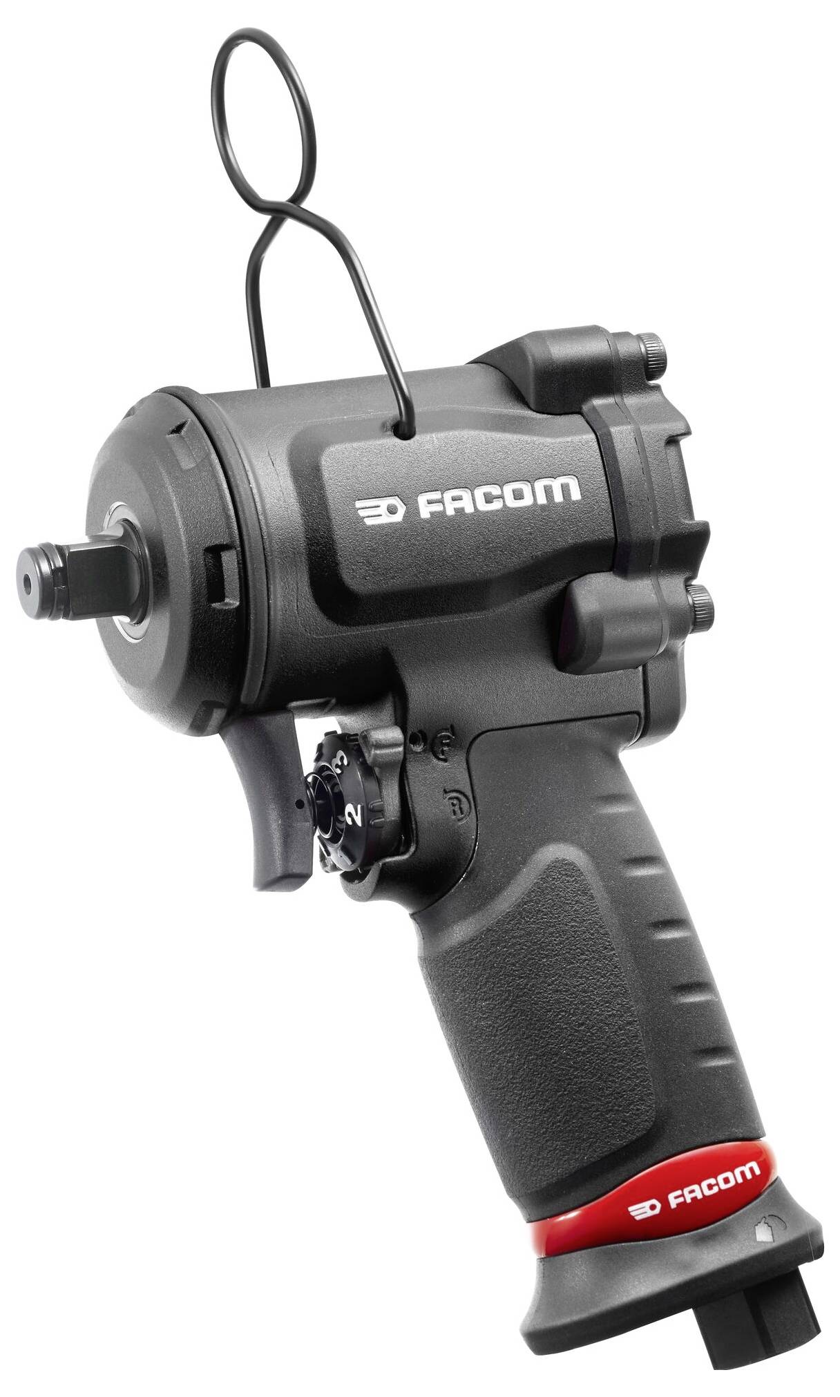 Svart pneumatisk slagskruvmejsel med ergonomiskt handtag, avrundade kanter och Facom-logotyp. Perfekt för verkstadsarbeten.