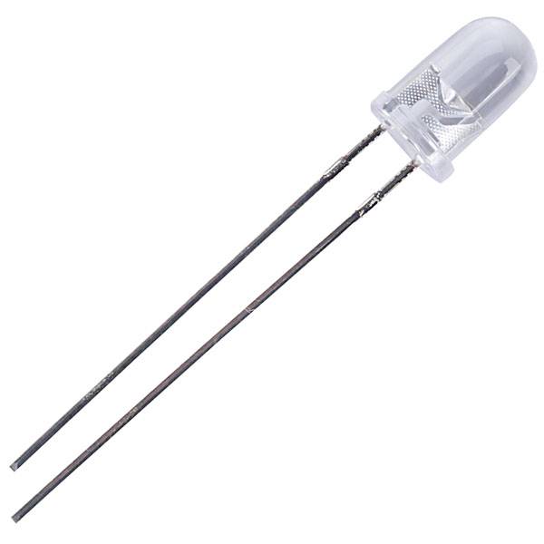 En genomskinlig LED med två metallkontakter, som är typisk för elektroniska kretsar.