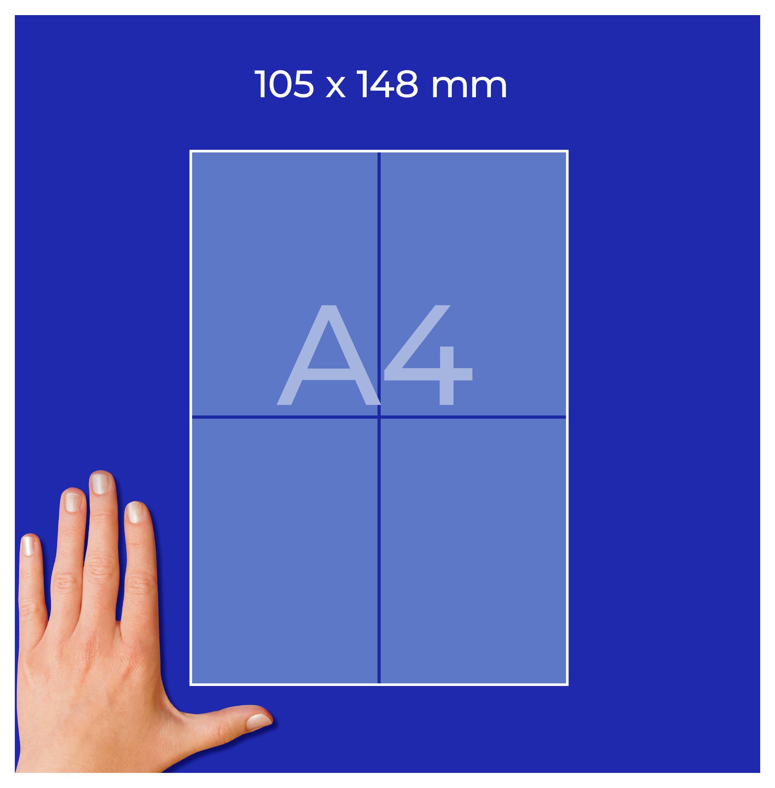 Grafik av ett A4-format med måttangivelse '105 x 148 mm'; längst ner till vänster en hand för storleksjämförelse.