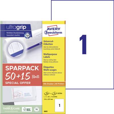Avery-Zweckform 6603 Universaletiketter 210 x 297 mm Papper Vit 65 st Permanent Laser, färg, Laser