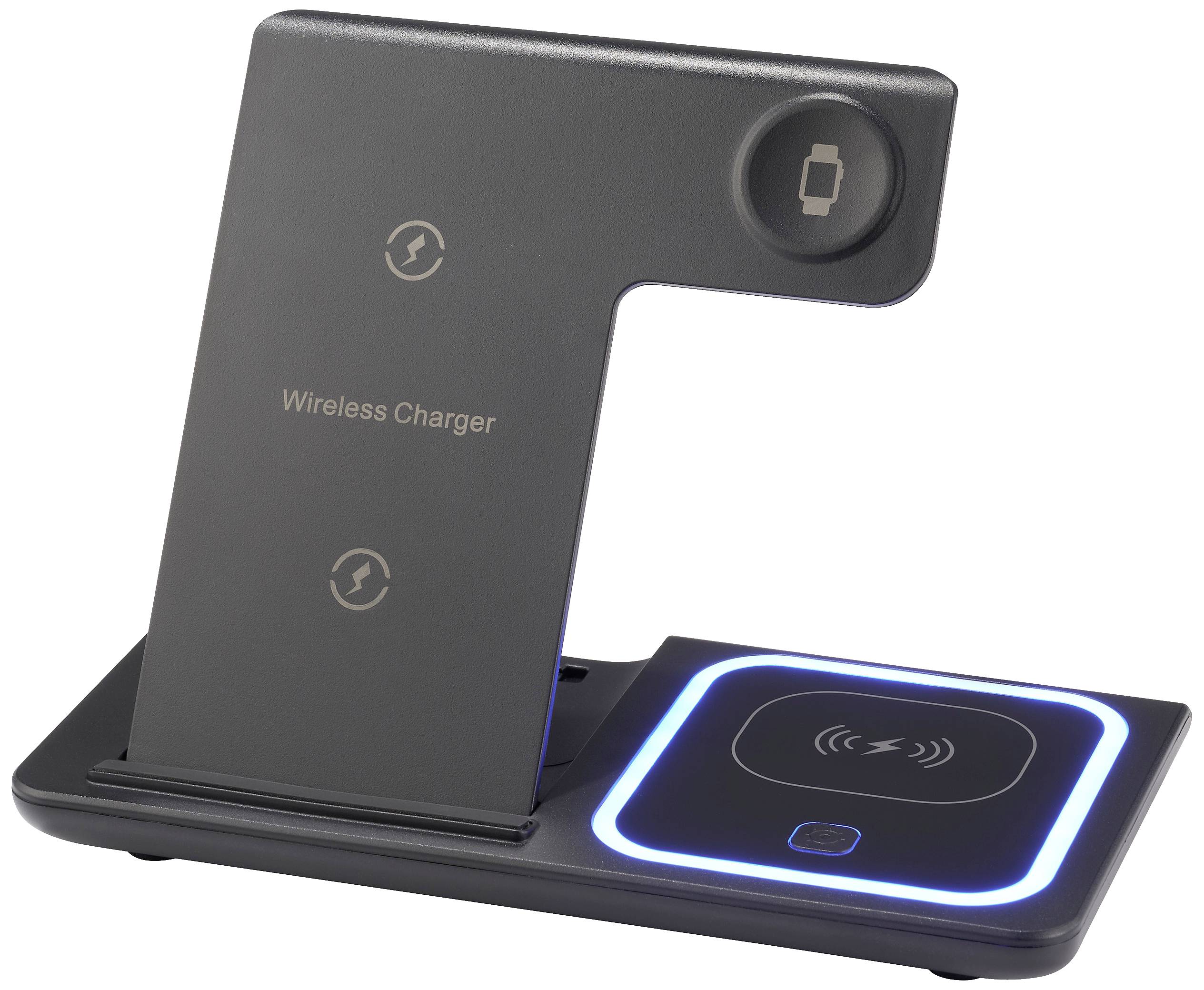 Svart trådlös laddare med blå LED-indikator, lämplig för att ladda flera enheter simultant, med smartphonesymbol på ovansidan.