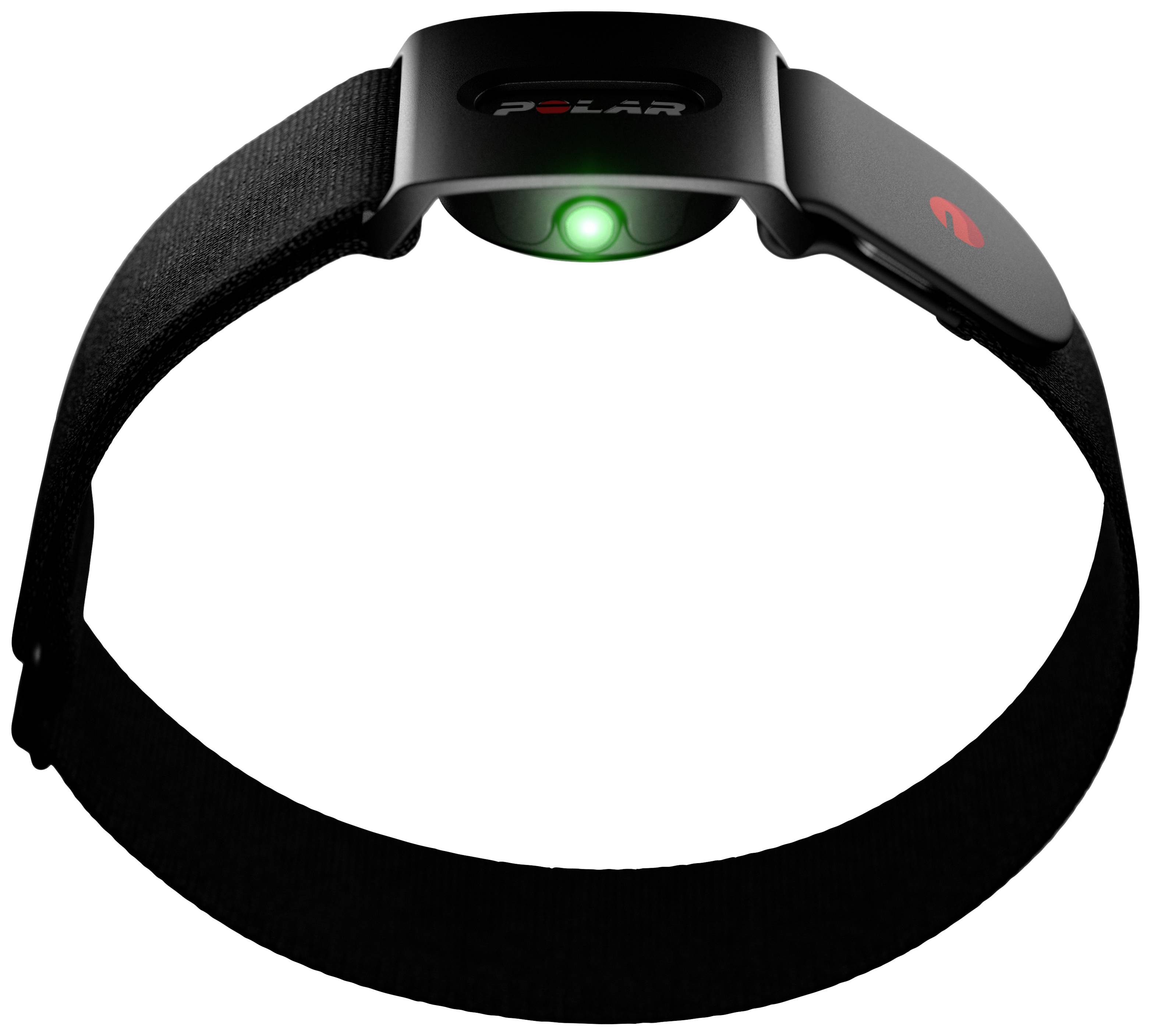 Hjärtfrekvensensor i svart armband med lysande grön LED i mitten. Används för tränings- och hälsoövervakning.