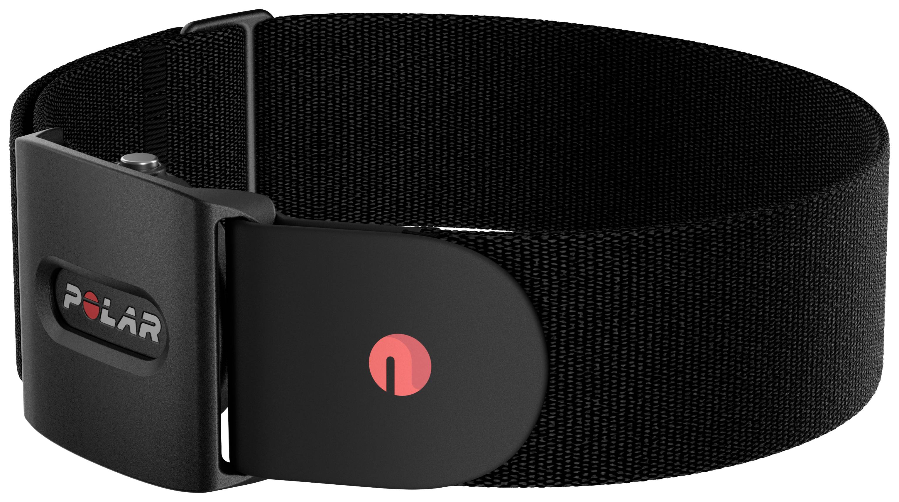 Ett svart armband med ett plastspänne där ett märkes logotyp i grått och rött syns.