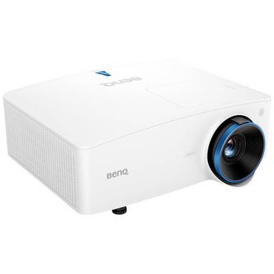 En vit projektor med ett svart och blått objektiv från märket BenQ. Enheten står på en ljus bakgrund.