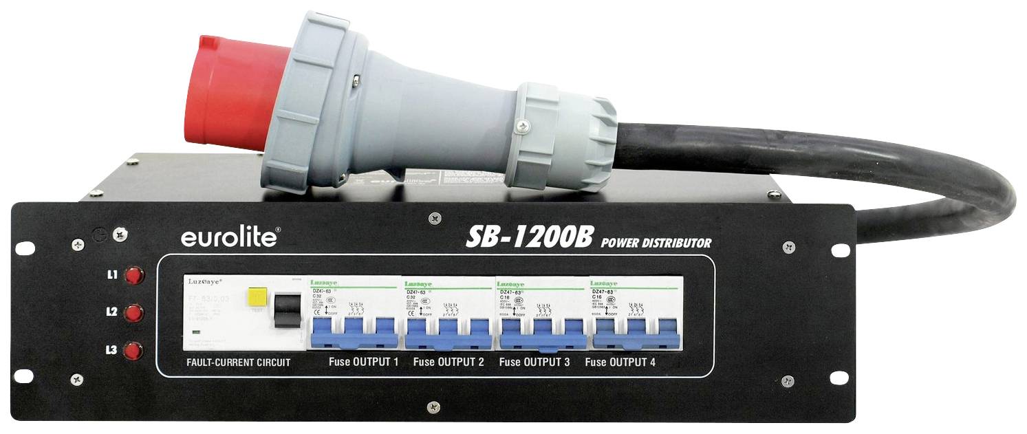 Strömfördelningsenhet 'Eurolite SB-1200B' med flera säkringar och ingångsuttag. Används för strömfördelning inom eventteknologi.