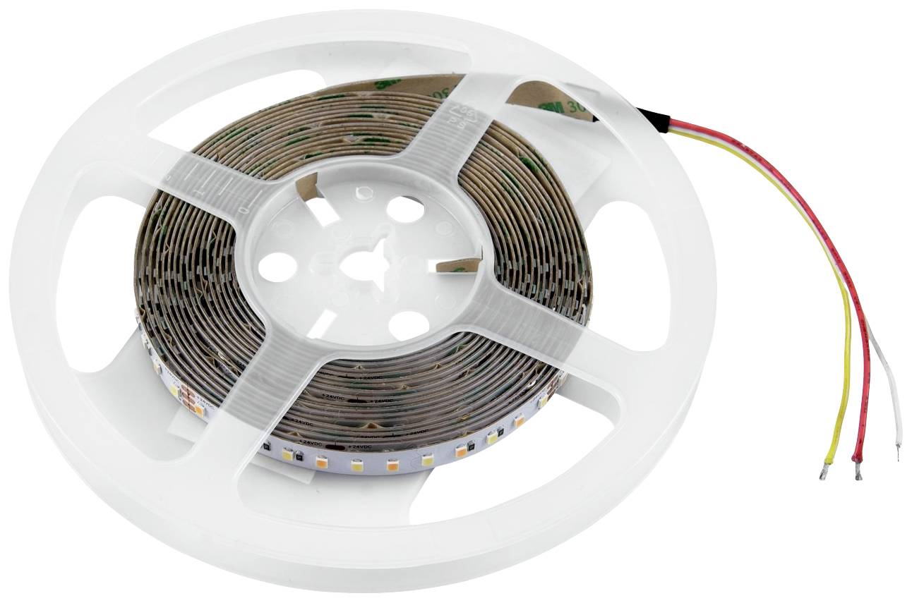 På bilden syns en rulle med LED-remsor. Trådar i änden av rullen visar anslutningarna.