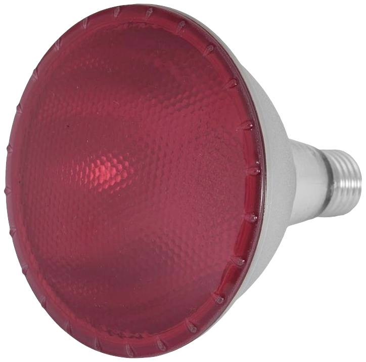 En röd glödlampa med räfflad yta på en silvergrund, placerad framför en neutral bakgrund.