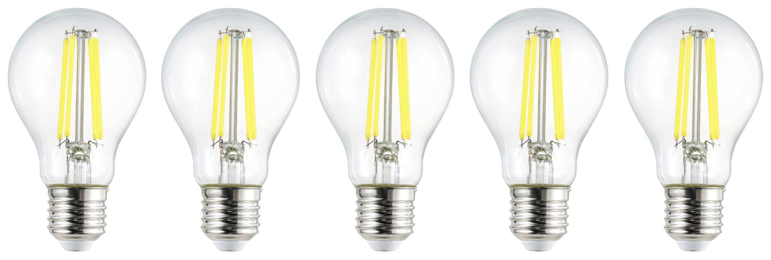Fem LED-lampor placerade bredvid varandra på vit bakgrund; symbol för energieffektivitet.
